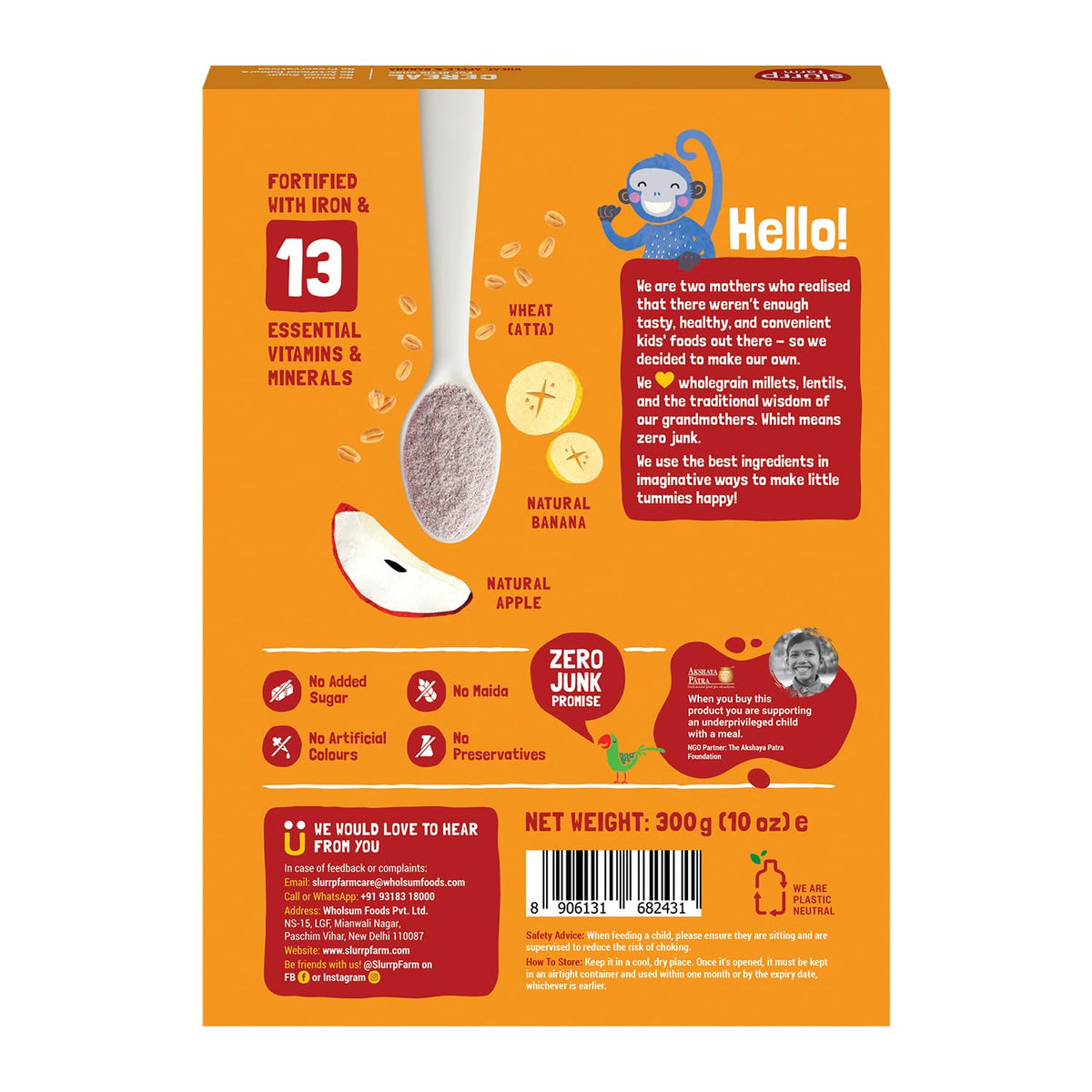 Slurrp Farm No Added Sugar Instant Wheat Apple & Banana Cereal | Free Strawberry Cereal Trial Pack | 300g