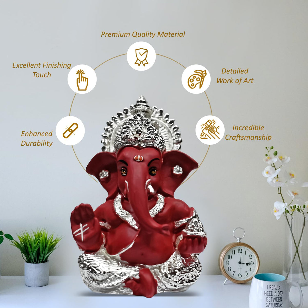 DIVINITI 999 Silver Plated Ganesh Idol for Office Desk Puja Room God Ganesha Idol for Home Decor Ganpati for Gift 3.5 inches (8.89 x 5.08 cm) (Mukut Silver red), Religious