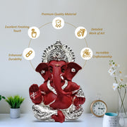 DIVINITI 999 Silver Plated Ganesh Idol for Office Desk Puja Room God Ganesha Idol for Home Decor Ganpati for Gift 3.5 inches (8.89 x 5.08 cm) (Mukut Silver red), Religious