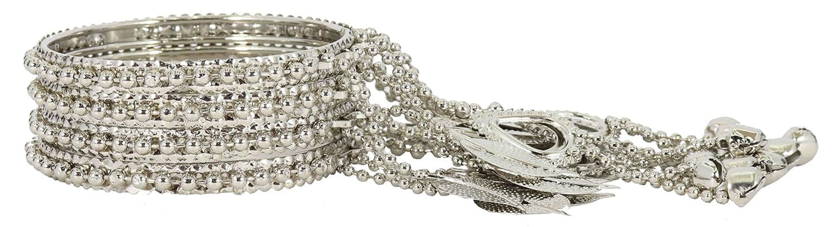 NMII Non-Precious Metal With Base Metal and Linked with Bracelet Bells Worked Glossy Finished Latkan Kaleere Type Kada Set For Women and Girls