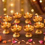 DSH Brass Diya Pure Brass Traditional Oil Puja Lamp for Temple, Mandir, Festival Decoration, Home Decor & Diwali Gift (Flower Bloom, Set of 8)