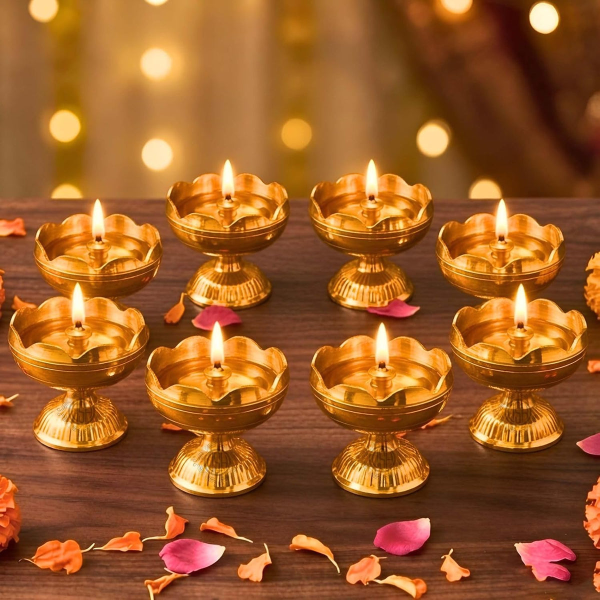 DSH Brass Diya Pure Brass Traditional Oil Puja Lamp for Temple, Mandir, Festival Decoration, Home Decor & Diwali Gift (Flower Bloom, Set of 8)
