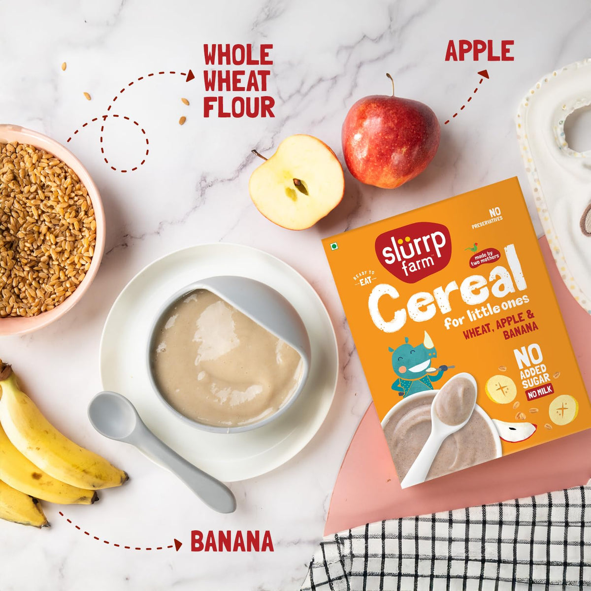 Slurrp Farm No Added Sugar Instant Wheat Apple & Banana Cereal | No Milk No Preservatives | 300g