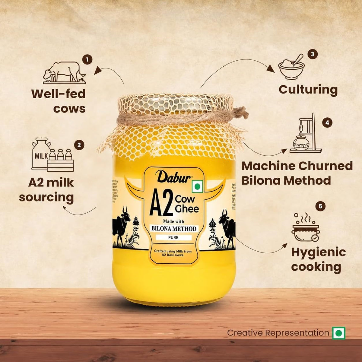 Dabur A2 Cow Ghee - 500ml | Rich in Vitamin A | Made with Bilona method | Crafted using milk from A2 desi cows