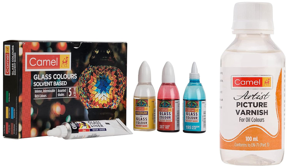Camel Solvent Based Glass Color - 20ml Each, 5 Shades & Camel Artist Picture Varnish for Oil Colour (Off-White)