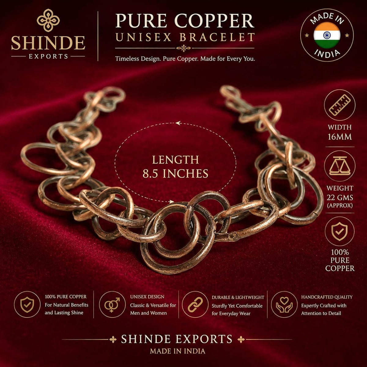 SHINDE EXPORTS Pure Copper Link Chain Bracelet Unisex S Hook 8.5 Inch