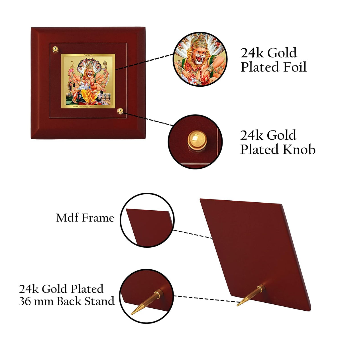 DIVINITI Lord Narasimha 24K Gold Plated MDF Photo Frame|Premium Religious Table Top Frame for Home, Office & Prayer Room|Luxury Spiritual Gift Item for Housewarming, Festive Gifting|10 x 10 CM