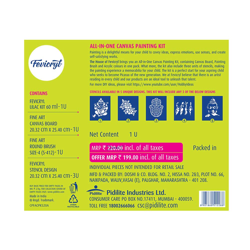 Fevicryl All in One Canvas Kit with 1 Canvas, 1 Brush, 1 Acrylic Colour Kit, Stencils | Pack of 2 Sets | DIY Art & Craft Kit | Ideal Painting Gift Set for Artists, Students, Hobbyists