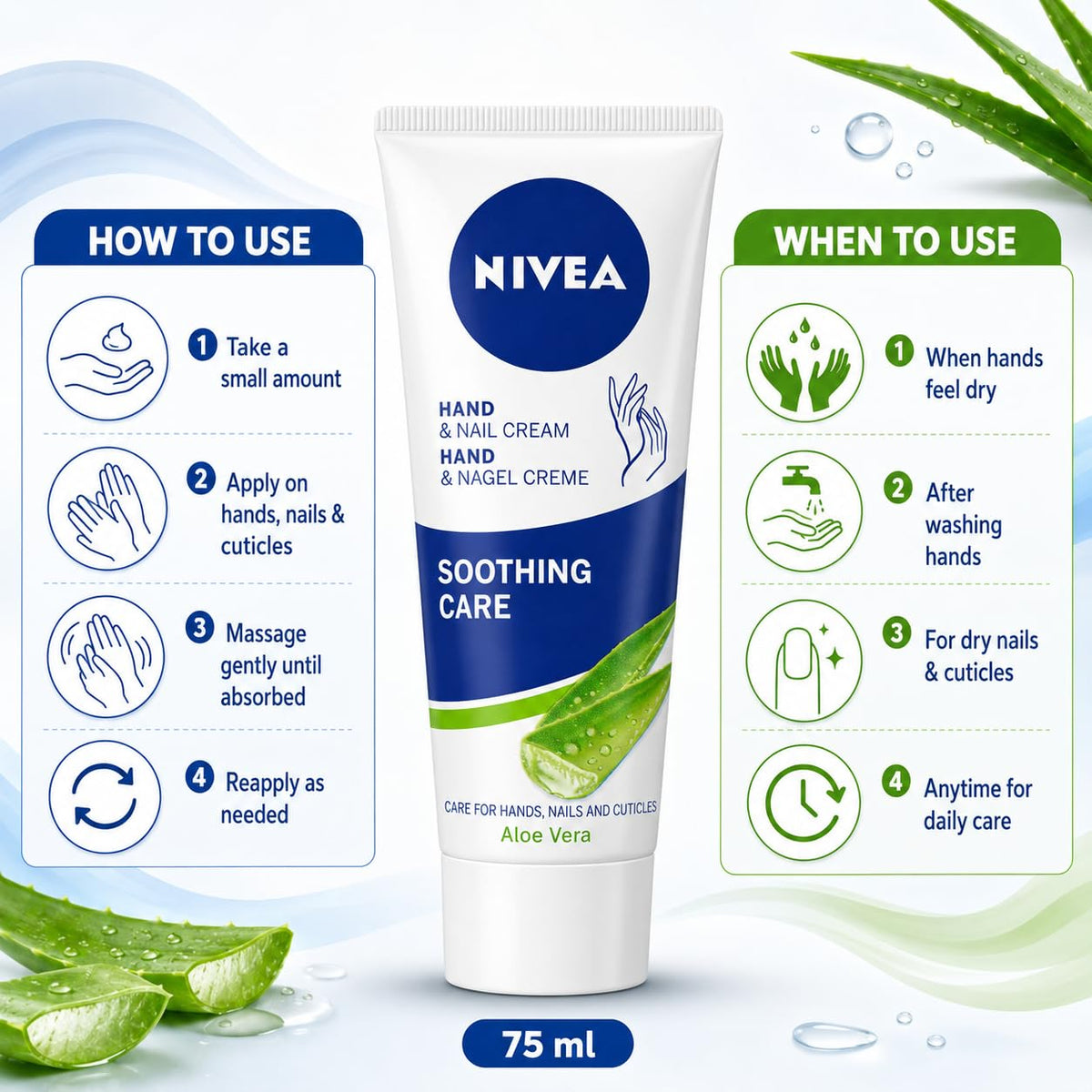 NIVEA Hand & Nail Cream Soothing Care with Aloe Vera, Moisturising Care for Dry Hands, Nails & Cuticles, 75 ml