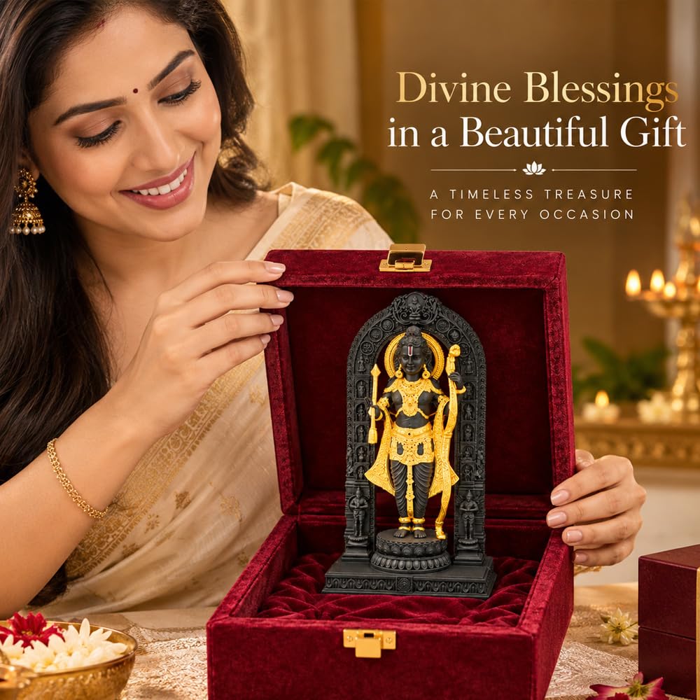 DIVINITI 24K Gold-Plated Ram Lalla Idol | Lord Ram Murti with Bow for Home Temple, Pooja Room, Office & Table Decor | Premium Gift Box | 9.5 x 5.5 CM
