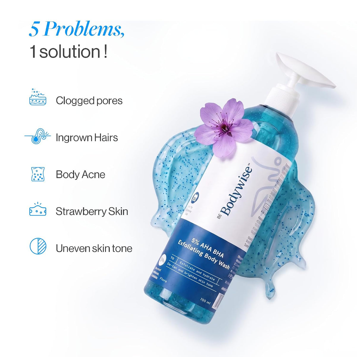 Be Bodywise 5% AHA BHA Exfoliating Detan Body Wash (Flora Fragrance) 700ml | For Body Acne, Strawberry Skin, De-Tan | 3% Lactic Acid, 1% Salicylic Acid, 1% Glycolic Acid | Non-Drying, Paraben Free