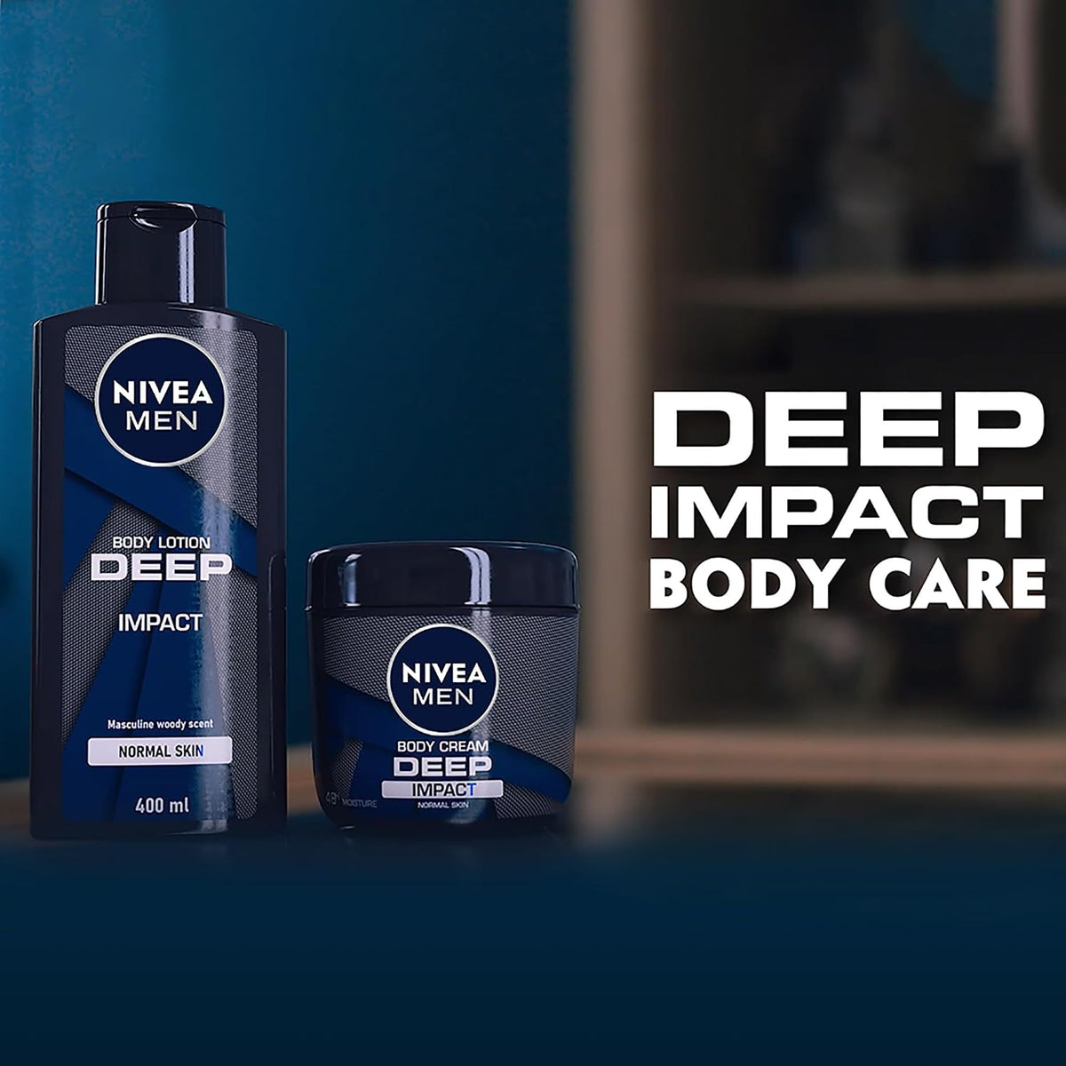 NIVEA MEN Deep Impact Body Cream with Black Carbon, 48H Intensive Moisture, Woody & Spicy Scent, for Normal Skin, 400 ml