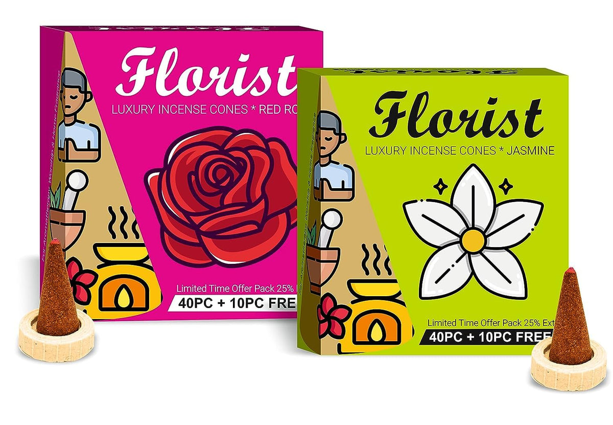Parag Fragrances Florist Dhoop Incense Cones (Rose, Sandal, Frankincense & Jasmine) Combo Pack Natural Essential Oils & Flowers 200 Sticks Pack