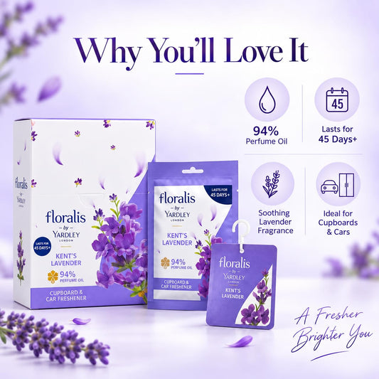 Yardley London Floralis Kent's Lavender Cupboard & Car Freshener (10g) | 94% Perfume Oil Sachet | Long-Lasting Fragrance Up to 45 Days for Wardrobes, Drawers & Cars (Kent Lavender) (Pack of 6)