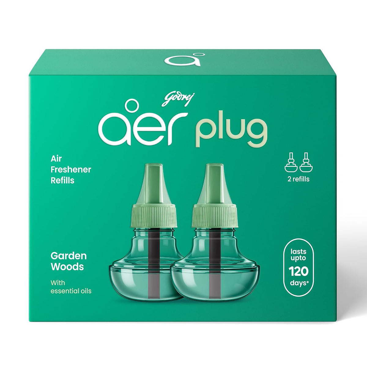 Godrej aer Plug Electric Air Freshener 2 Refills (25ml each) | Garden Woods | Lasts up to 120 days