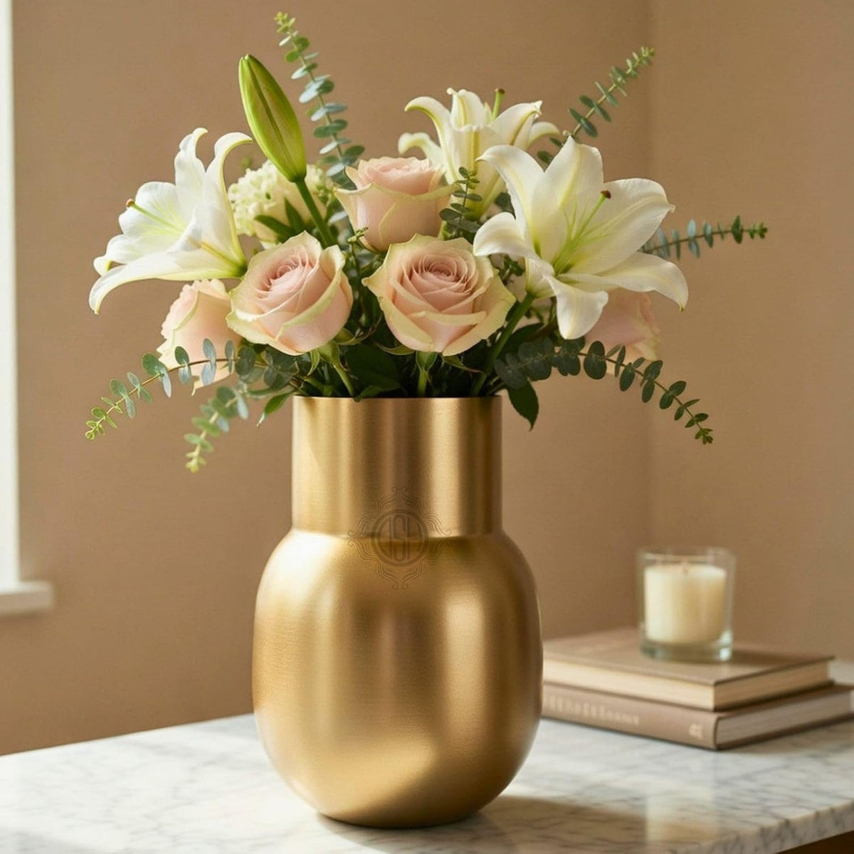 DSH Gold Flower Vase Modern Metal Flower Pot (6.5X11 Inch) for Home Décor Elegant Decorative Vase for Living Room, Office & Table Centerpiece