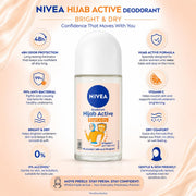 NIVEA Hijab Active Bright & Dry Anti-Perspirant Roll-On Deodorant for Women, 48H Protection, Vitamin C & Anti-Bacterial Formula, 0% Alcohol, 50 ml