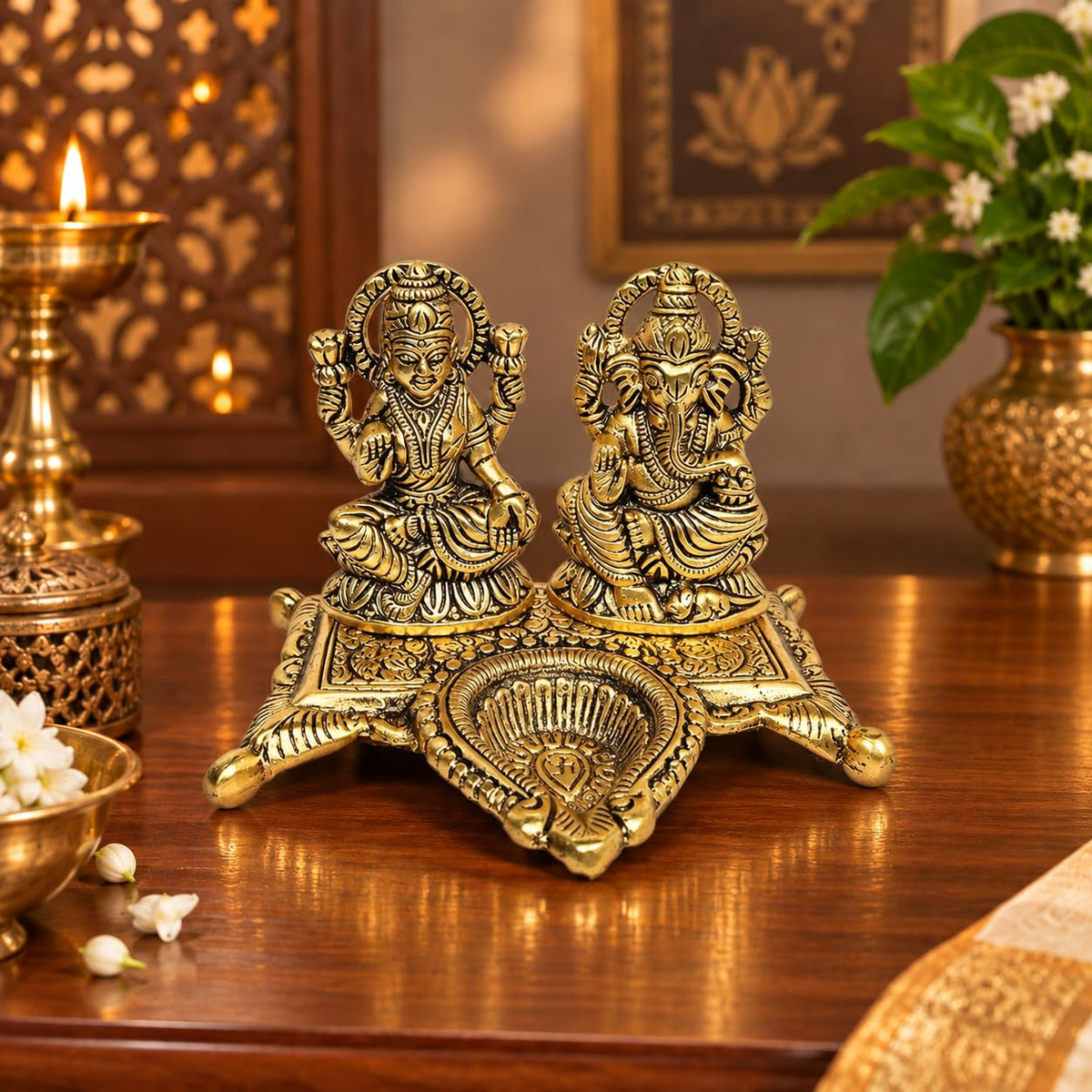 KridayKraft White Metal Gold Plated Diwali Laxmi Ganesh Chocki God Idol with Metal om Shape Incense Stick Holder