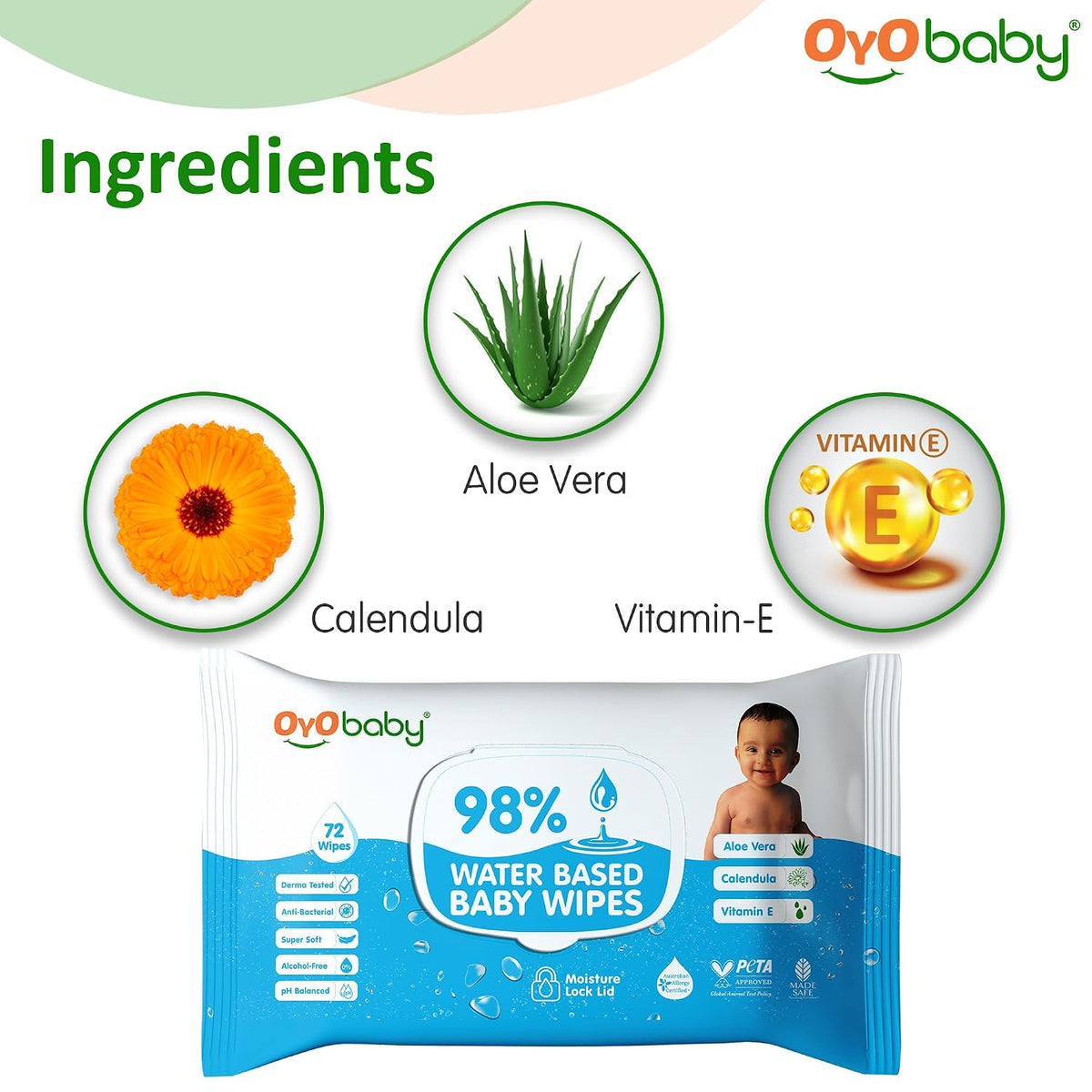 OYO BABY Pure Water Baby Wipes 98% - Gentle and Refreshing Wet Wipes for Your Newborn pack of 3x72 Pcs with Lid