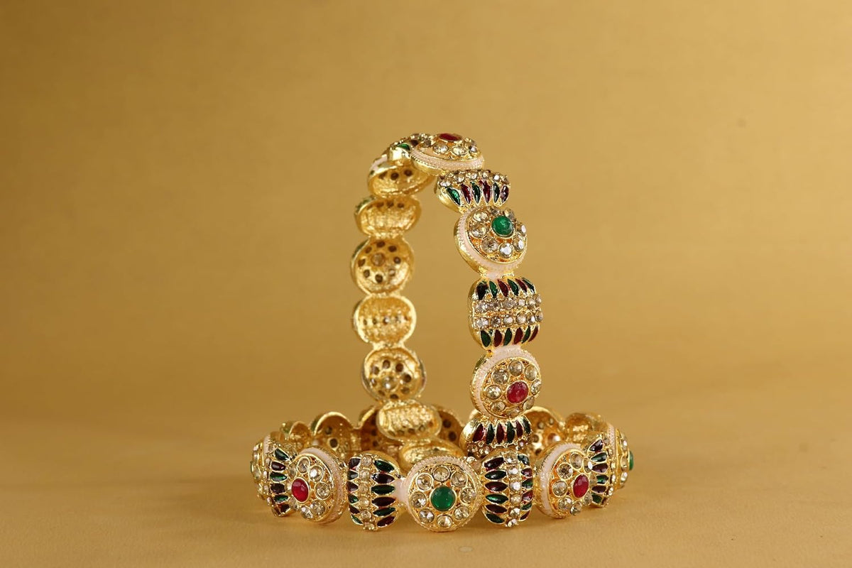 NMII Golden Metal Bangles Set with Red & Green Zircon Stones For Women & Girls | Traditional Rajwadi Design Kangan | Perfect Bangles Set For Wedding, Party, Festive, Occasion, Daily- Set of 2
