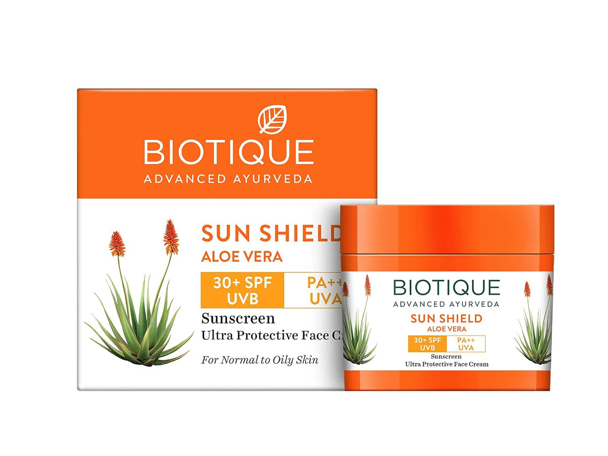 Biotique Sun Shield Aloe vera 30+ SPF UVB Sunscreen Ultra Protectective Face Cream, 50g.