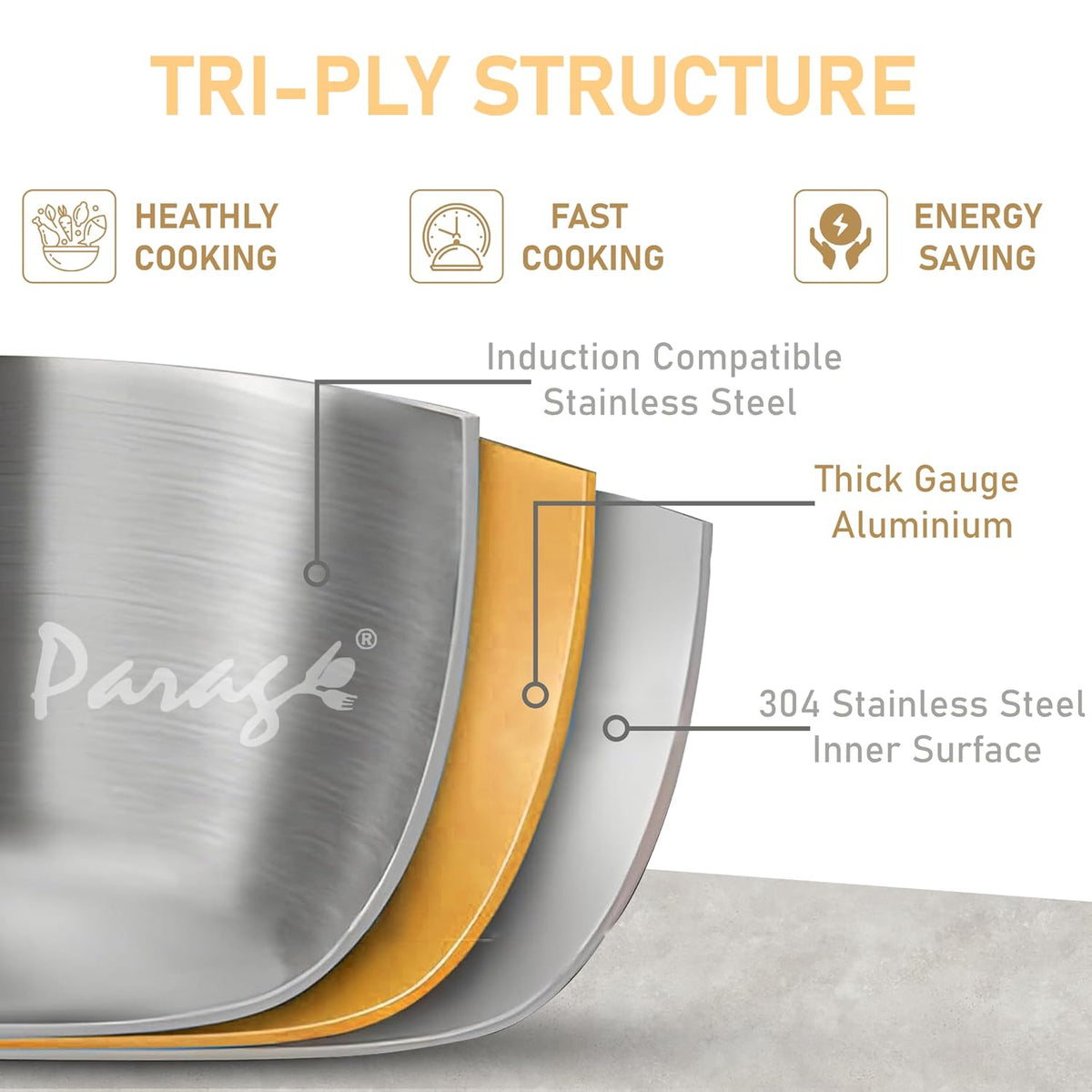 Parage Triply Stainless Steel Fry Pan 24cm | Heavy Bottom Steel Pan for Tempering, Frying | Induction & Gas Friendly | Stay-Cool Handle | Tripure Series | Scratch Resistant | 5 Years Warranty