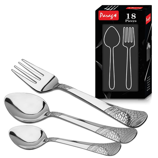 Parage 18 Pieces Stainless Steel Cutlery Set, Premium Cutlery for Home & Kitchen, Luxury Dining Tableware Gift for House Warming, Silver, Imperial (6 Pieces Each Table Spoons, Forks & Tea Spoons)
