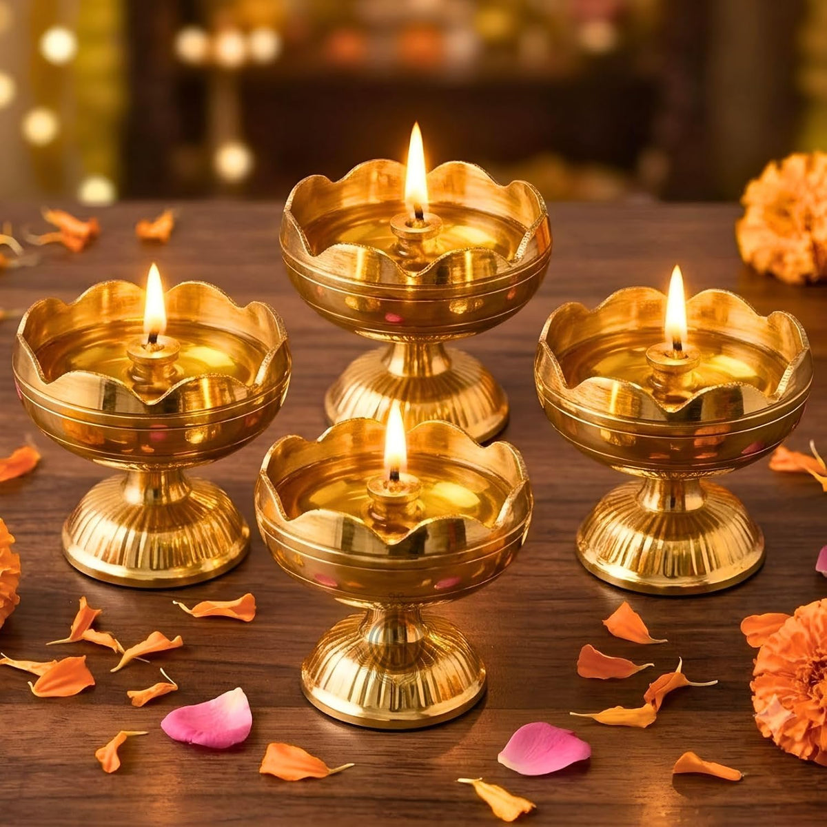 DSH Brass Diya Pure Brass Traditional Oil Puja Lamp for Temple, Mandir, Festival Decoration, Home Decor & Diwali Gift (Flower Bloom, Set of 4)