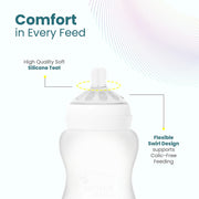 Mother Sparsh FeedoCare 260ml Wide Neck Baby Feeding Bottle, Plant Powered Natural Baby Liquid Cleanser and 99% Pure Water (Unscented) Baby Wipes with Lid I Natural Plant Made Cloth