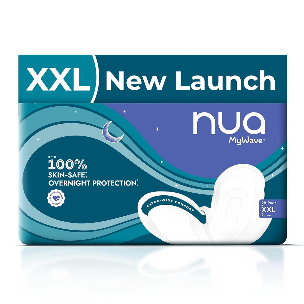 Nua MyWave Night XXL Sanitary Pads for Women | Heavy Flow Period Pads | Super Soft, Rash-Free, Leak-Proof | Super Absorbent | Pack of 28 | Individually Wrapped | 320 mm