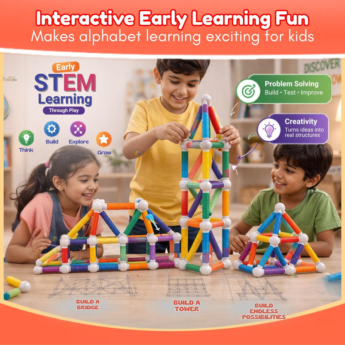Toy Imagine Flexible Magnetic Telescopic Sticks Building Blocks for Kids 26 PCS | Magnetic Sticks & Suction Tubes DIY Educational STEM Toy | Building Construction Brain Game Gift for Kids 3+ Years