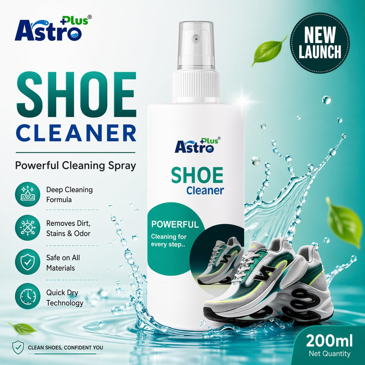 ASTRO PLUS + Shoe Cleaner 200ML | Powerful Deep Cleaning Spray for Sneakers, Leather, Canvas & Sports Shoes | Removes Dirt, Stains & Odor | Quick Dry, Non-Sticky, Safe on All Shoe