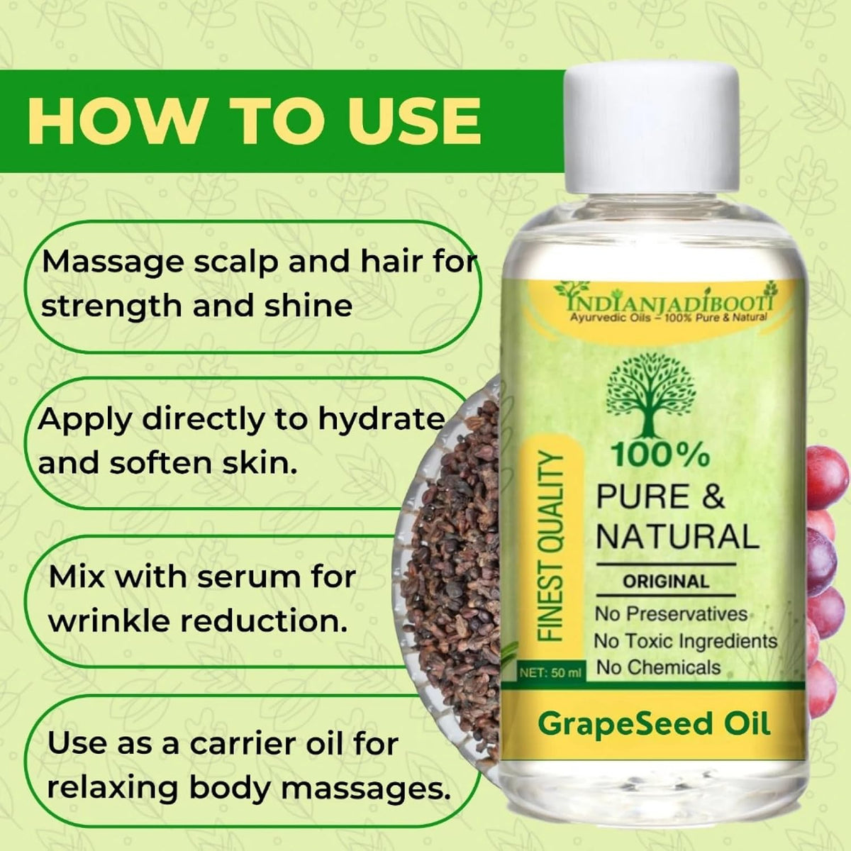 IndianJadiBooti Pure Cold-Pressed Grape Seed Oil (Vitis Vinifera) | Lightweight Botanical Carrier Oil for Non-Comedogenic Hydration, Aromatherapy & Silky Massage 200 ML
