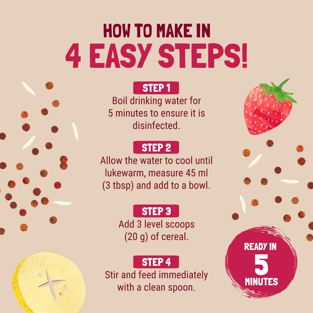 Slurrp Farm First Bites Strawberry, Sprouted Ragi and Rice Cereal with Milk I Instant Cereal for Little Ones | with No Added Sugar I 10X Calcium of Wheat and Rice | 200g