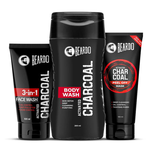 Beardo Charcoal Detox Kit | Facewash | Bodywash | Activated Charcoal Face Peel Off Mask | Detox Kit for Men | Beardo Grooming Kit for Men -Set of 3