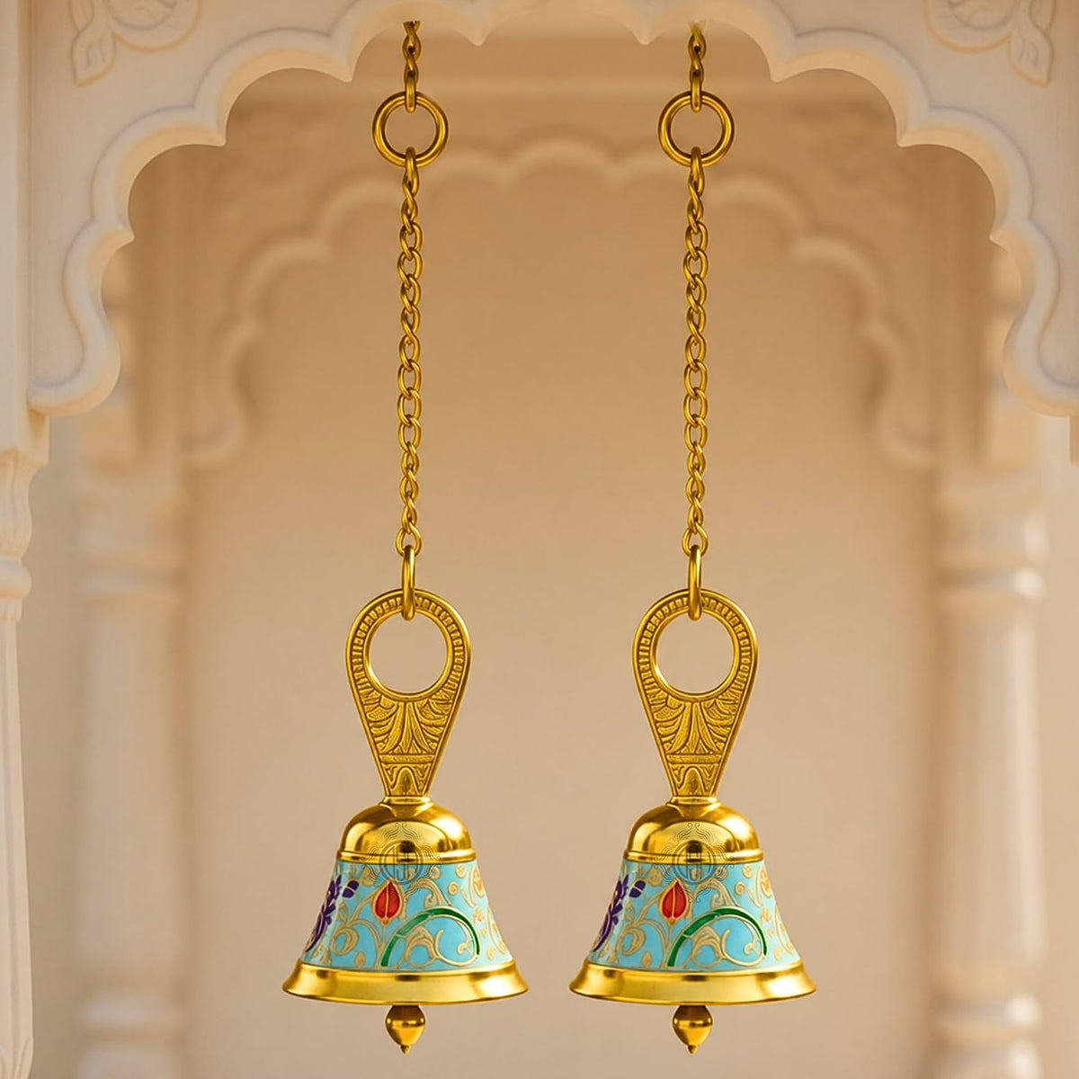 DSH Pure Brass Hanging Bell with Chain for Temple Mandir Door Home Decorative Ringing Bell (Sky, 2)