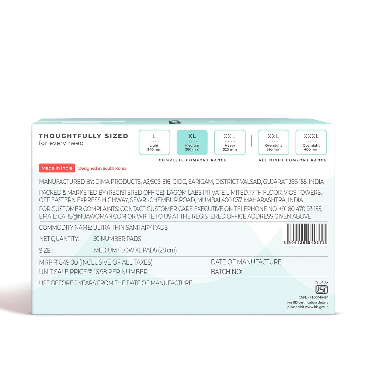 Nua Complete Comfort Sanitary Pads for Sensitive Skin | Pack of 50 Pads (12 Heavy Flow, 20 Medium Flow, 18 Light Flow) with Disposal covers | Zero Irritation | Comfortable All-Day Protection | Ultra-Thin | Super Absorbent | No rashes | 50% Wider Back | 100% Toxic-Free, Dermatologically Tested