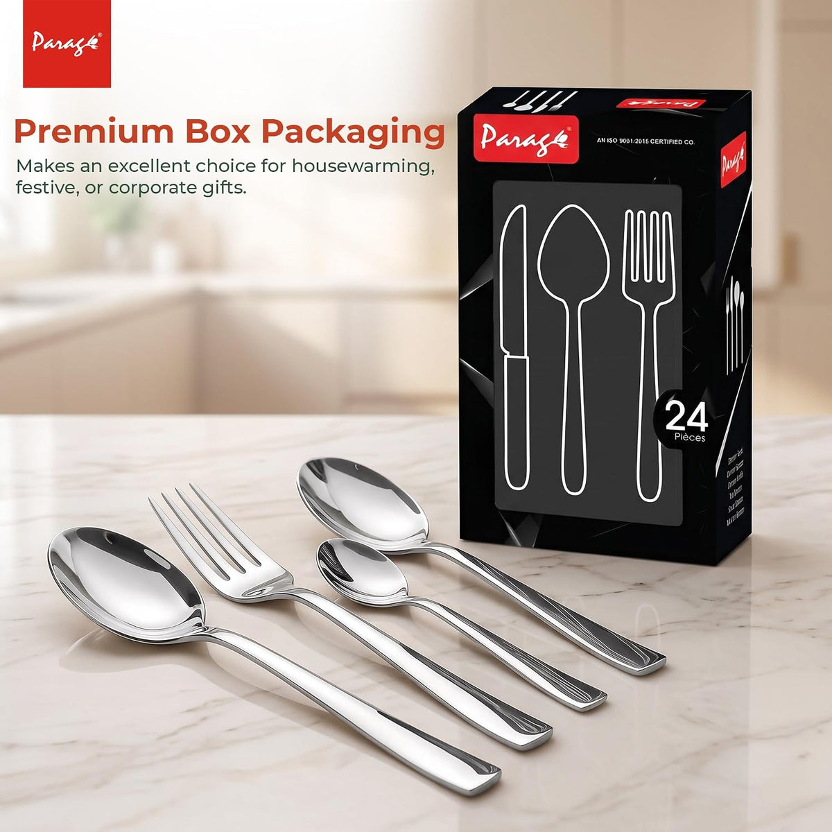 Parage 24 Pieces Premium Stainless Steel Cutlery Set for Home & Kitchen (Contains: 6 Table Spoons, 6 Forks, 6 Tea Spoons, 6 Dinner Spoons), Luxury Dining Tableware Gift for House Warming, Silver
