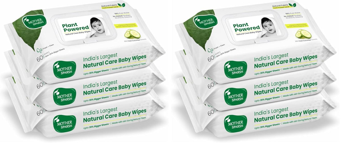 Mother Sparsh Natural Care Water Baby Wipes with Lid | 100% Plant Made Fabric From Forest Land | Fresh+Cleanse (with Cucumber) Plant Powered Wet Wipes For Baby I Cotton Cloth Like Bigger Sheets | 60 Pcs (Pack of 6)