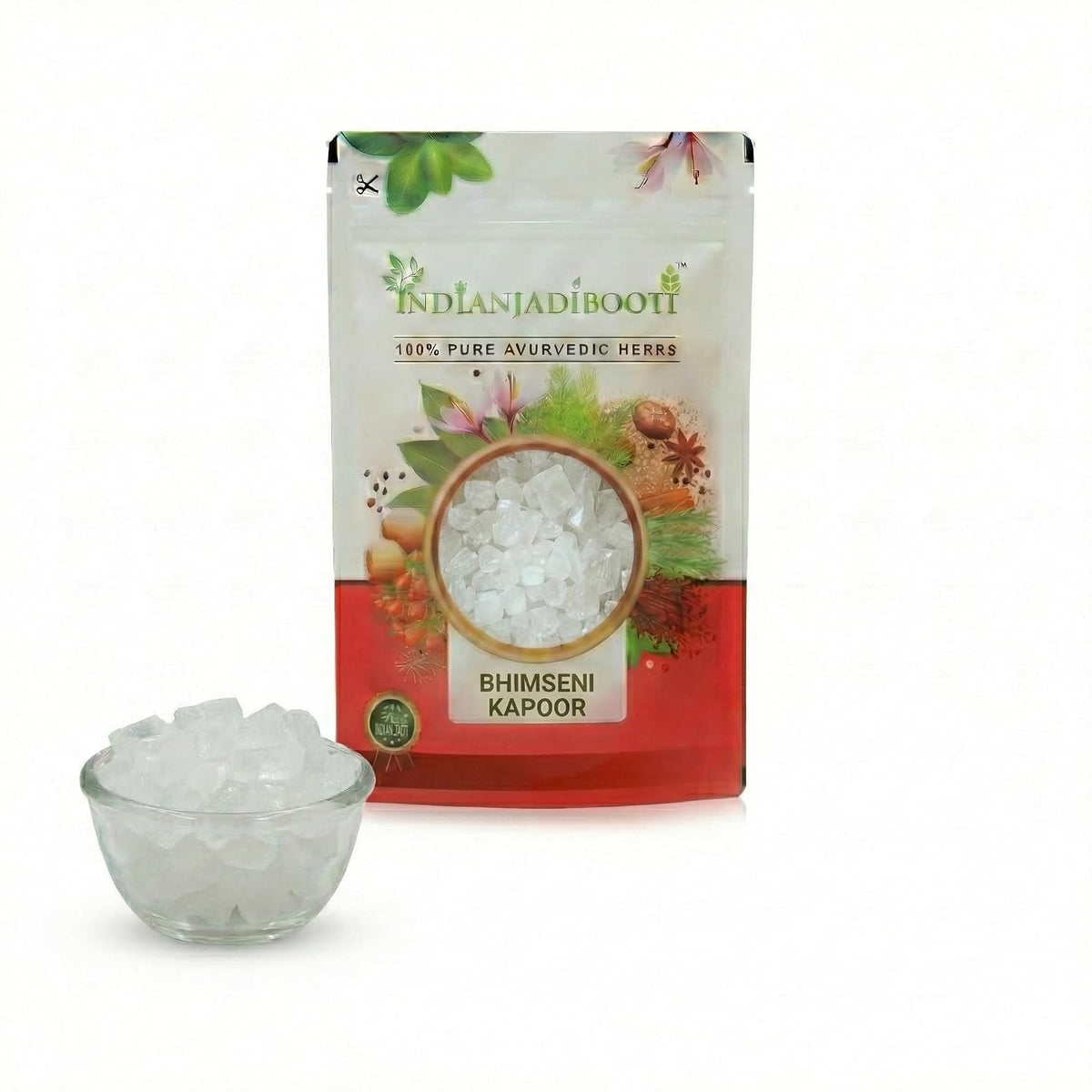 IndianJadiBooti Premium Bhimseni Kapoor – 100% Pure Natural Camphor Crystals for Pooja, Diffuser & Vastu – No Wax, No Residue, Pacha Karpooram for Meditation & Air Purification (100g (The Trial Pack))