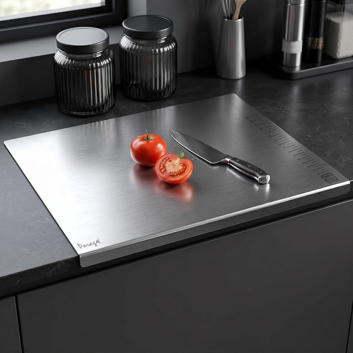Parage Large Stainless Steel Chopping Board (41 x 31 cm) | Heavy Duty Metal Cutting Board with Anti-Skid Silicone Pads | Durable, Rust-Proof Kitchen Board for Vegetables, Meat & Fruits