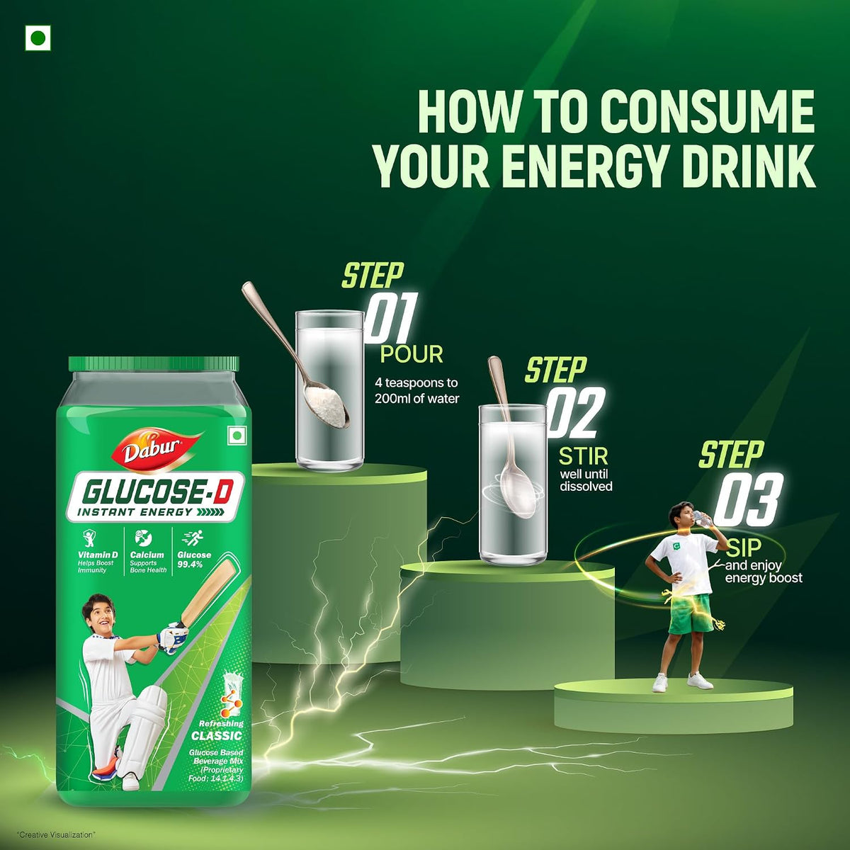 Dabur Glucose-D Instant Energy Drink Powder - 1kg | Enriched with Vitamin D & Calcium | 99.4% Glucose Quick Energy Replenishment Formula | Easy to Mix Refreshing Drink