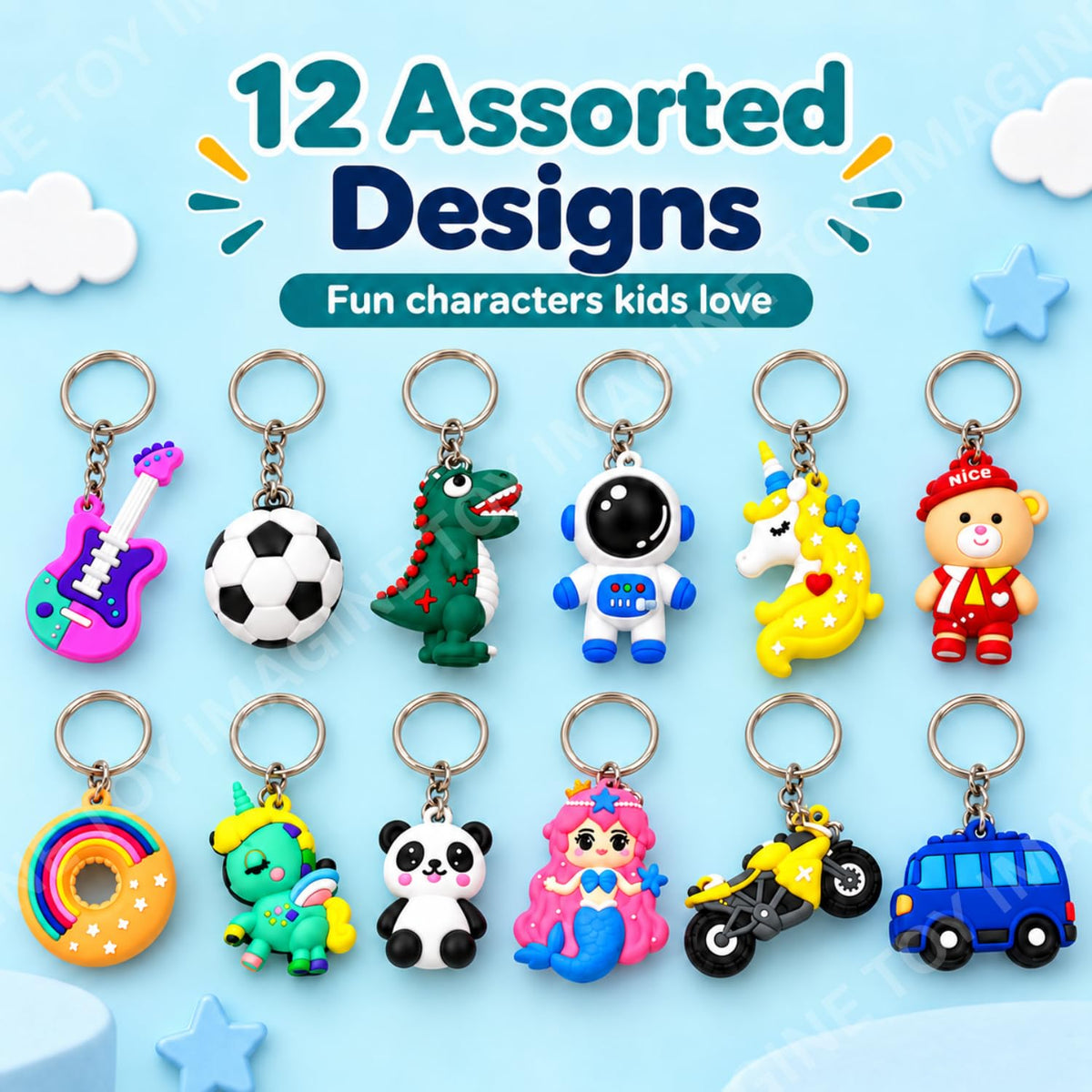 Toy Imagine 3D Rubber Cartoon Keychains for Kids, Pack of 12