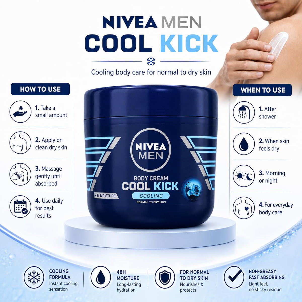 NIVEA MEN Cool Kick Body Cream for Normal to Dry Skin, 48H Moisture, Cooling Effect, Fast-Absorbing Non-Sticky Formula, 400 ml