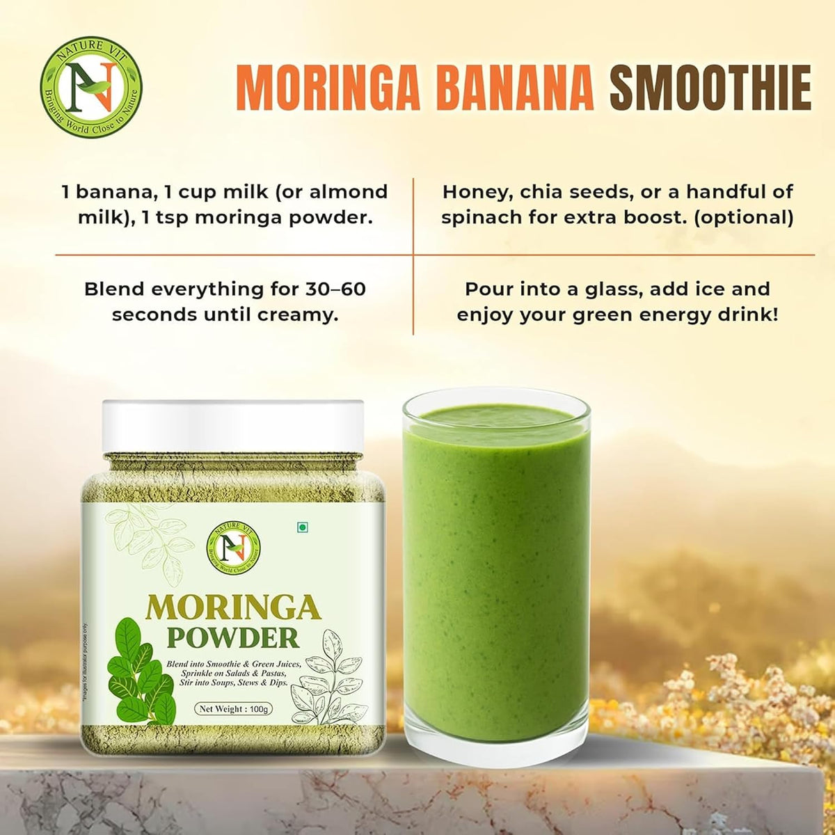 NatureVit Pure Moringa Leaf Powder 100g | Natural Superfood Supplement | Rich in Vitamins, Minerals & Antioxidants | Vegan & Gluten-Free