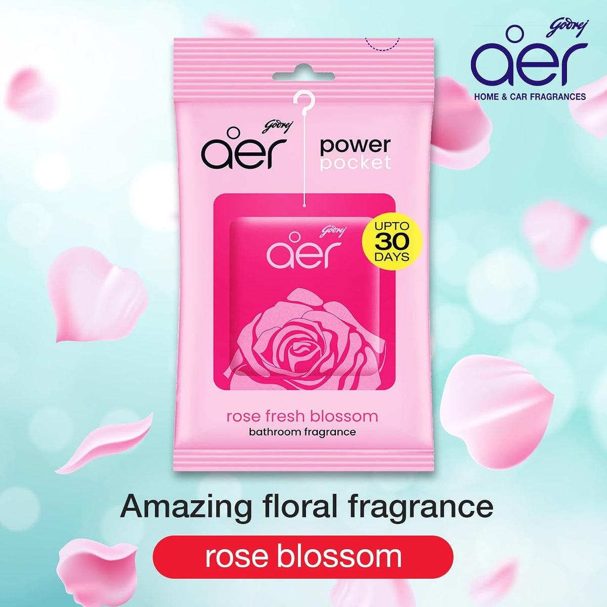 Godrej aer Power Pocket Bathroom Freshener – Rose Fresh Blossom (10g) | Lasts up to 30 days | Germ Protection