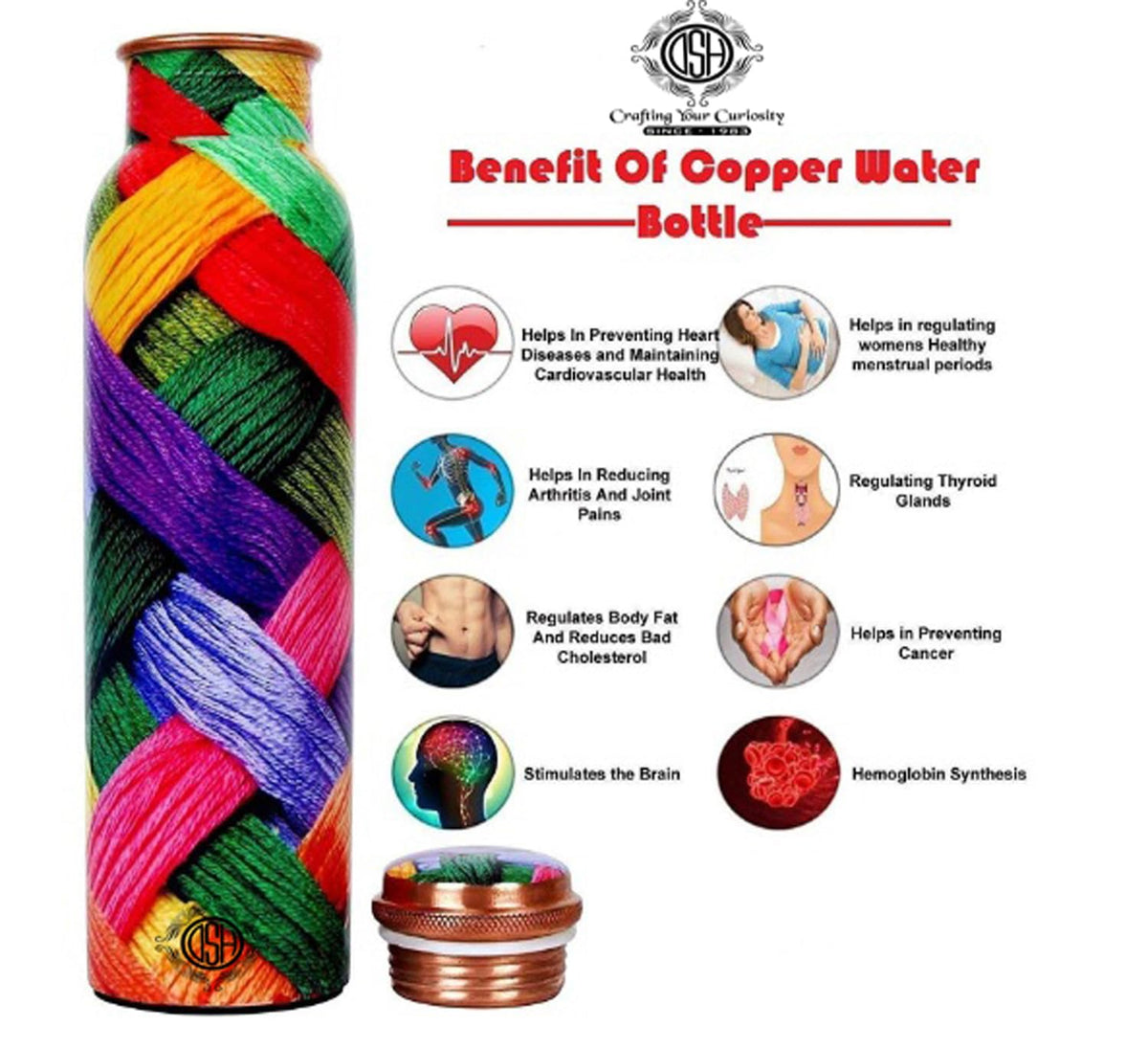 DSH Pure Copper Modern Art Printed Water Bottle, Travelling Purpose, Yoga Ayurveda Healing, 1000 ML. (Design 3)