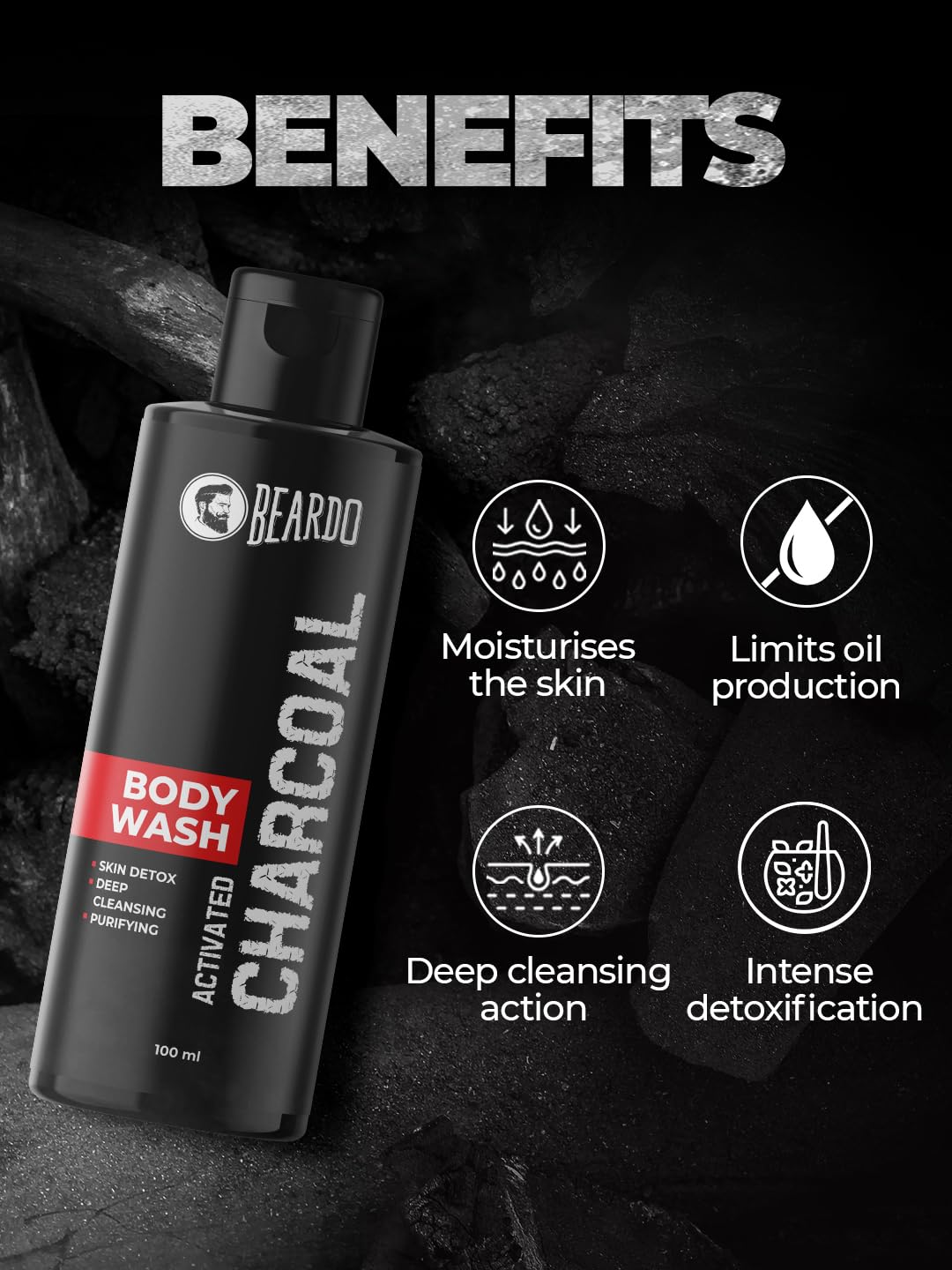 Beardo Activated Charcoal Anti-Pollution Body Wash, 100ml | Deep Pore Cleaning | Removes Dirt & Impurities | For Body & Face | Reduces Acne | Oil Control | For Men