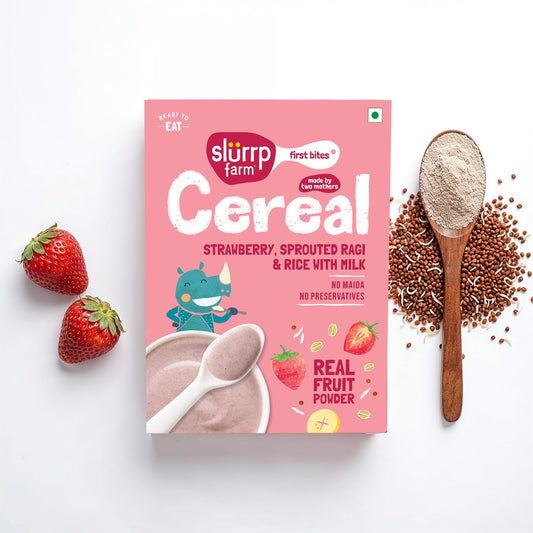Slurrp Farm First Bites Strawberry, Sprouted Ragi and Rice Cereal with Milk I Instant Cereal for Little Ones | with No Added Sugar I 10X Calcium of Wheat and Rice | 200g