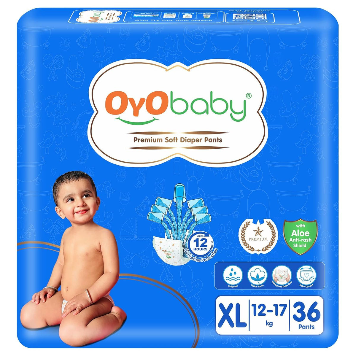 OYO BABY Pant Style Baby Diapers, Pack of 1 - X-Large (XL), 36Count, for Babies 12-17kg, with Aloe Vera Lotion for Rash Protection & Up to 12 Hours Protection